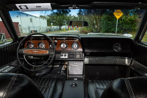1968 Ford Thunderbird Versus Rivals – How Ford Ranked The T-Bird's Competition 22 Dashboard of a 1968 Ford Thunderbird Landau with black vinyl upholstery and bucket seats, viewed from the back seat looking forward
