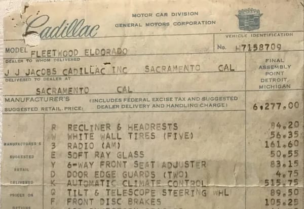 Top half of the window sticker for a 1967 Cadillac Eldorado originally sold by J J Jacobs Cadillac in Sacramento, California