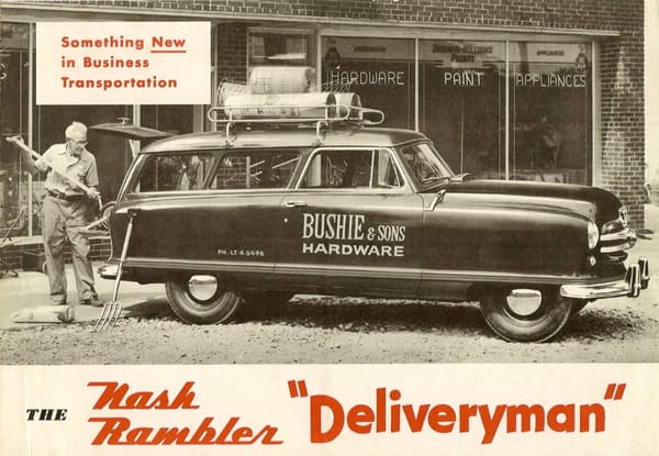 1950 Nash Rambler Custom Station Wagon – The Original Luxury Compact Turns 75 19 Brochure cover for the 1951 Nash Rambler "Deliveryman," showing a B&W photo of a worker loading tools into the back of a Nash Rambler wagon with "Bushie & Sons Hardware" painted on the door and a roof rack carrying roles of fencing, with the headline "Something New in Business Transportation"