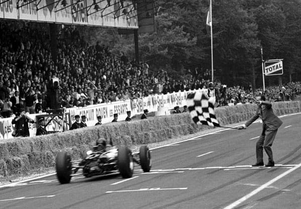 Automotive History: Jack Brabham - You Make Your Own Luck 51 French GP, Rouen 28 June 1964 Winner Dan Gurney, Brabham BT7 takes the flag
