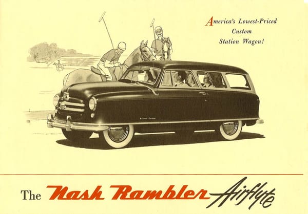 1950 Nash Rambler Custom Station Wagon – The Original Luxury Compact Turns 75 5 Brochure cover for 1950 Nash Rambler Airflyte, showing a B&W illustration of the Rambler wagon on a polo field, on a yellow background with the headline "America's Lowest-Priced Custom Station Wagon!"