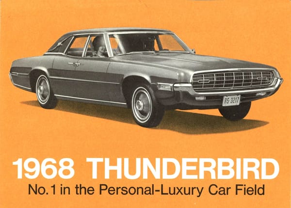1968 Ford Thunderbird Versus Rivals – How Ford Ranked The T-Bird's Competition 1 Brochure cover showing a B&W front 3q illustration of a 1968 Ford Thunderbird 4-door Landau against an orange background, with the title "1968 Thunderbird: No. 1 in the Personal-Luxury Car Field"