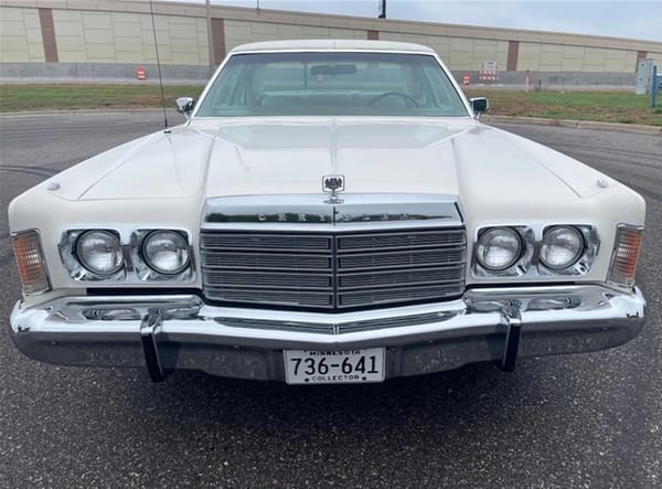 Front view of a white 1974 Chrysler New Yorker Brougham two-door hardtop