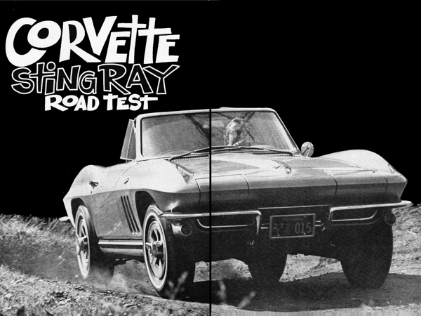 Vintage M/T Review: 1965 Chevrolet Corvette Sting Ray Convertible – A Walk On The Mild(er) Side 1 Joined image of a two-page spread from Motor Trend, April 1965, showing a B&W photo of a Corvette Sting Ray convertible with the headline "Corvette Sting Ray Road Test"
