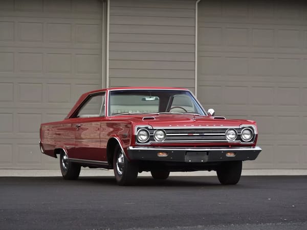 Right front 3q view of a Bright Red 1967 Plymouth GTX hardtop