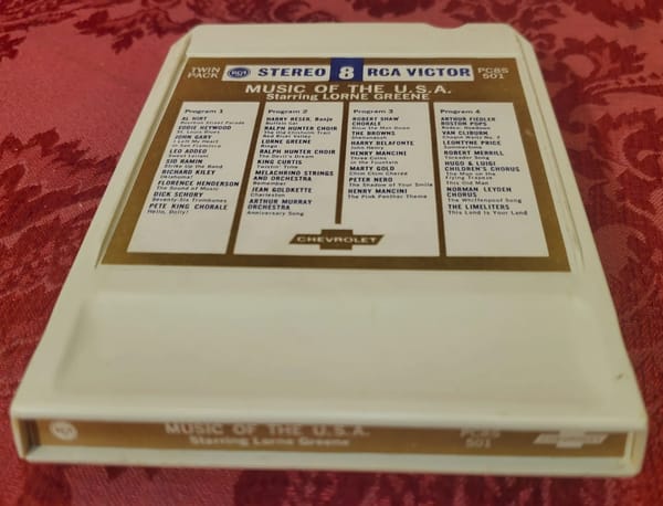 Vintage Car Life Review: 1967 Chevrolet Impala SS 427 – "A Family Car For A Swinging Family" 6 Photo of an 8-track tape of Music of the U.S.A. starring Lorne Greene
