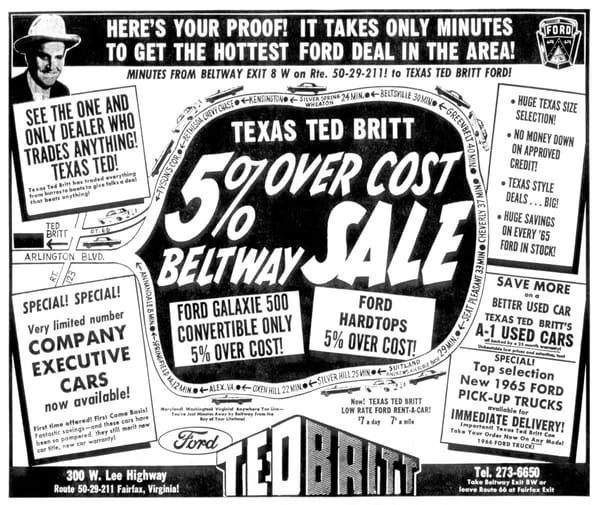 "Win A Steer!" -- The Ridiculous Ted Britt Ford Ads Of The 1960s 9 1965 Ted Britt Ford Beltway ad