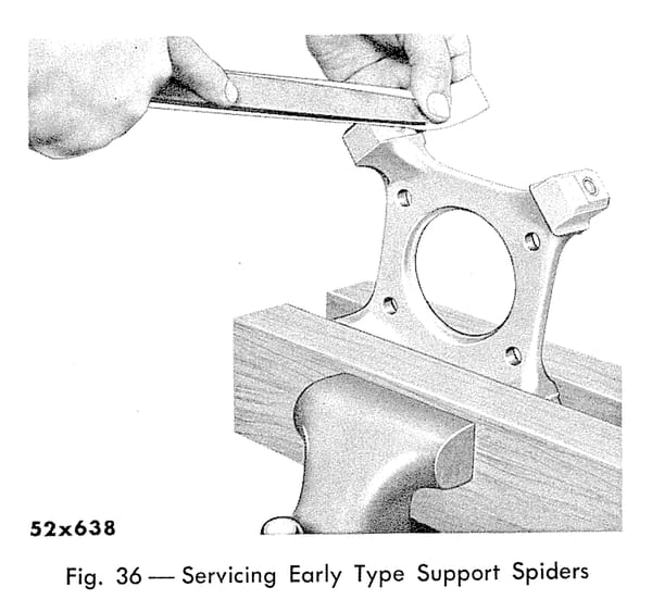 Chrysler's Unusual 1949–1955 Four-Wheel Disc Brakes: A Very Different Kind of Disc 21 1953 Chrysler shop manual illustration showing a disc brake support spider in a vice as a technician's hands file the indexing surface, labeled "Fig. 36 — Servicing Early Type Support Spiders"