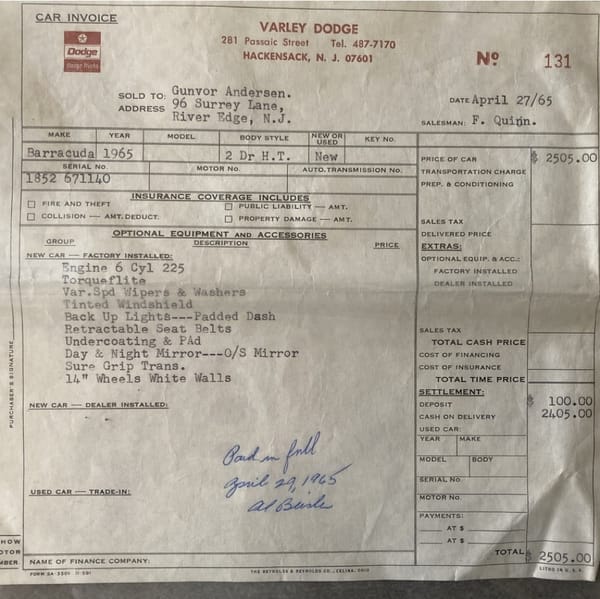 COAL 4: The 1960s - Serving, Saluting, and Swapping 6 65 Barracuda invoice