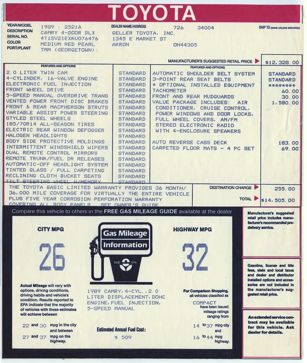 My 1989 Toyota Camry DX: First Of Three US-Built Camrys In Our Family 3 1989 camry invoice