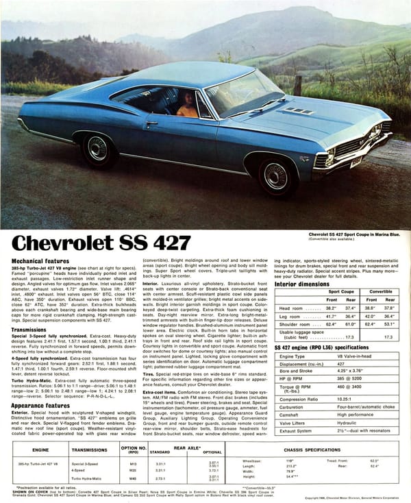 Vintage Car Life Review: 1967 Chevrolet Impala SS 427 – "A Family Car For A Swinging Family" 8 1967 Chevrolet brochure page picturing a Marina Blue 1967 Chevrolet SS 427, with its specifications and features listed below