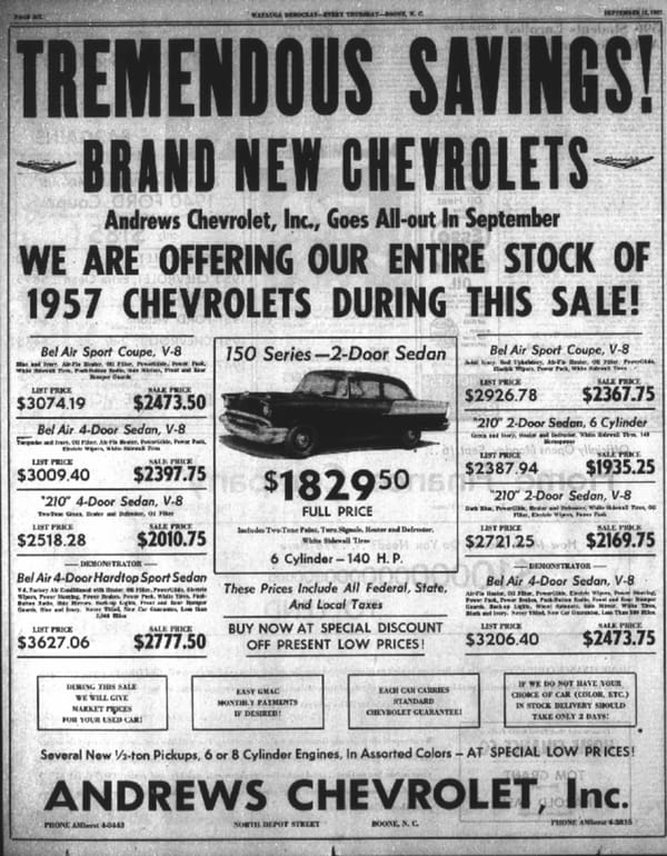 Newspaper ad with listings for various 1957 Chevrolet cars, with the headline "TREMENDOUS SAVINGS! BRAND NEW CHEVROLETS: Andrews Chevrolet, Inc., Goes All-out In September: WE ARE OFFERING OUR ENTIRE STOCK OF 1957 CHEVROLETS DURING THIS SALE!"
