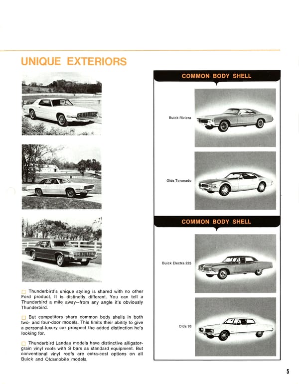 1968 Ford Thunderbird Versus Rivals – How Ford Ranked The T-Bird's Competition 29 Brochure page with the headline "Unique Exteriors" and a sidebar showing that the Riviera and Toronado and Buick Electra 225 and Olds 98 share common body shells with one another