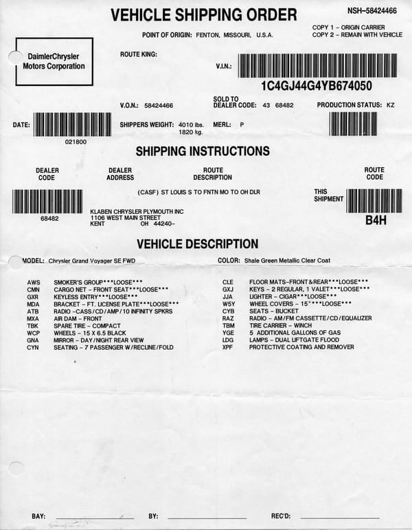 2000 grand voyager vehicle shipping order