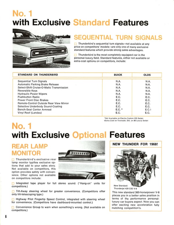1968 Ford Thunderbird Versus Rivals – How Ford Ranked The T-Bird's Competition 36 Brochure page with the headlines, "No. 1 with Exclusive Standard Features," with a subheading about sequential turn signals and a table comparing Thunderbird, Riviera, and Toronado standard equipment, and "No. 1 with Exclusive Optional Features," showing the Thunderbird rear lamp monitor and new 429 engine