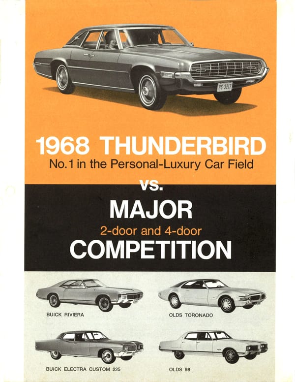 1968 Ford Thunderbird Versus Rivals – How Ford Ranked The T-Bird's Competition 3 Brochure cover showing a 1968 Thunderbird 4-Door Landau against an orange background above smaller photos of the Buick Riviera, Oldsmobile Tornado, Buick Electra 225 Custom, and Olds 98, with the title "1968 Thunderbird No. 1 in the Personal-Luxury Car Field vs MAJOR 2-door and 4-door COMPETITION"
