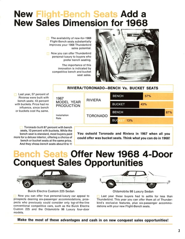 1968 Ford Thunderbird Versus Rivals – How Ford Ranked The T-Bird's Competition 15 Brochure page with the headlines "New Flight-Bench Seats Add a New Sales Dimension for 1968," with bar graphs of bench and bucket seat installation rates for the 1967 Riviera and Toronado, and "Bench Seats Offer New 1968 4-Door Conquest Sales Opportunities," with small images of the Buick Electra 225 Custom and Oldsmobile 98 Luxury Sedan