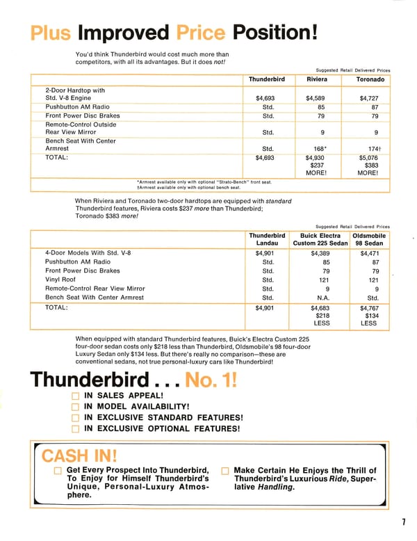 1968 Ford Thunderbird Versus Rivals – How Ford Ranked The T-Bird's Competition 39 Brochure page with the headline, "Plus Improved Price Position!" with tables showing comparable as-equipped prices for the Thunderbird, Riviera, Toronado, Electra 225 Custom, and Olds 98, with a headline at the bottom reading "Thunderbird...No. 1! In sales appeal! In model appeal! In exclusive standard features! In exclusive optional features! CASH IN! Get every prospect into Thunderbird"
