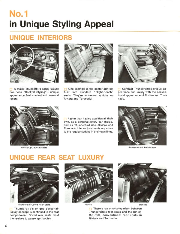1968 Ford Thunderbird Versus Rivals – How Ford Ranked The T-Bird's Competition 21 Brochure page with the headline "No. 1 in Unique Styling Appeal" with the subheadings "Unique Interiors" and "Unique Rear-Seat Luxury" with photos comparing the interiors of the Thunderbird, Riviera, and Toronado