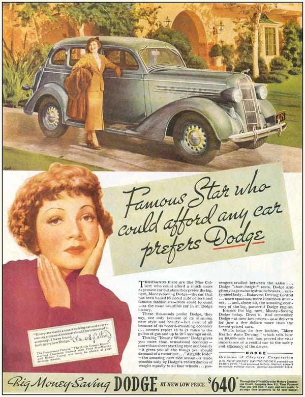 1936 Dodge ad showing actress Claudette Colbert and the headline "Famous Star who could afford any car prefers Dodge," also proclaiming, "Big Money-Saving Dodge at new Low Price: $640*"
