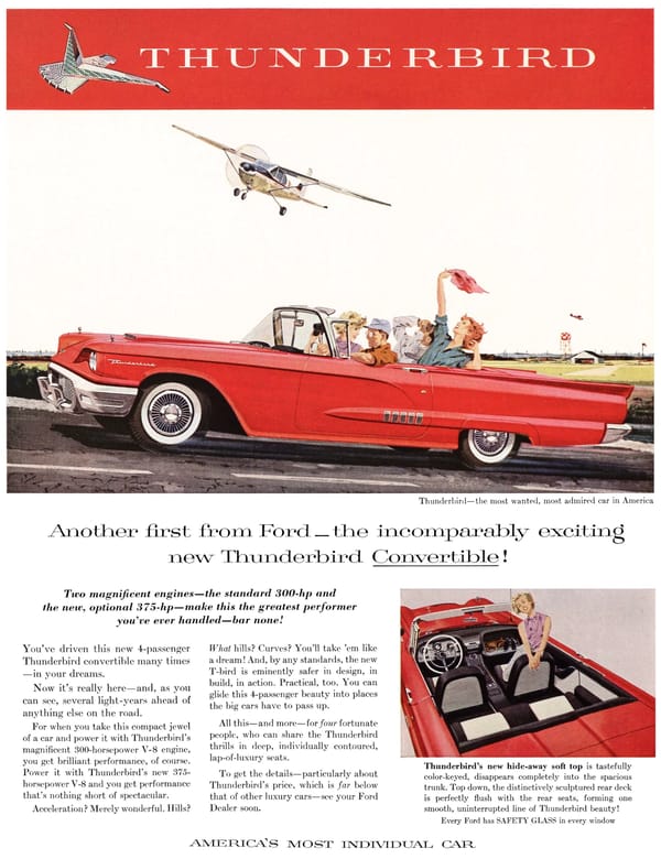 1958 print ad showing a red Ford Thunderbird convertible with the headline "Another first from Ford — the incomparably exciting new Thunderbird Convertible!"