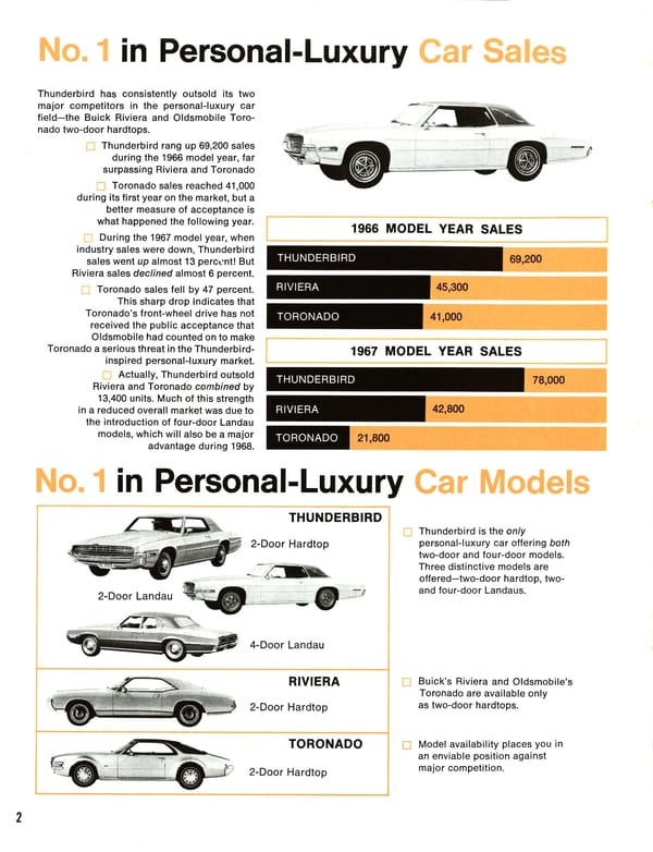 1968 Ford Thunderbird Versus Rivals – How Ford Ranked The T-Bird's Competition 8 Brochure page with the headlines "No. 1 in Personal-Luxury Car Sales" and "No. 1 in Personal-Luxury Car Models"w with small photos of the Thunderbird in its various models and bar graphs comparing 1966 and 1967 model year sales for the Thunderbird, Riviera, and Toronado