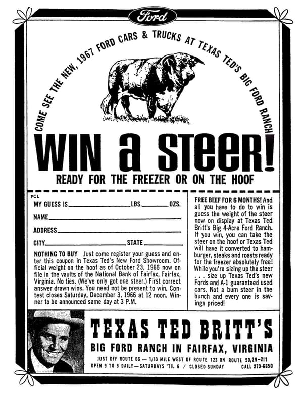 "Win A Steer!" -- The Ridiculous Ted Britt Ford Ads Of The 1960s 1 1966 Ted Britt Ford Steer ad