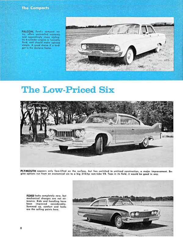 CARS, June 1960, page 8, with subheading "The Compacts" against a blue background with a photo of the 1960 Ford Falcon at the top of the page and the heading "The Low-Priced Six" at the bottom with photos of a 1960 Plymouth and a 1960 Ford