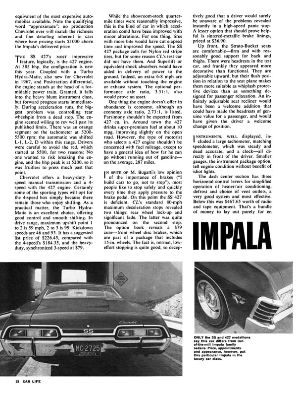 Vintage Car Life Review: 1967 Chevrolet Impala SS 427 – "A Family Car For A Swinging Family" 4 Car Life, May 1967, page 28, second page of Chevrolet Impala SS427 road test, with B&W photos of the rear view and front fender emblems below the text