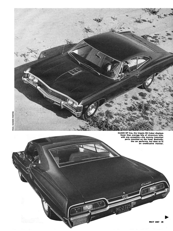 Vintage Car Life Review: 1967 Chevrolet Impala SS 427 – "A Family Car For A Swinging Family" 14 Car Life, May 1967, page 29, third page of Chevrolet Impala SS427 road test, with a different high-angle front 3q view and a rear 3q view (with the background cropped out to make the car appear floating in space)