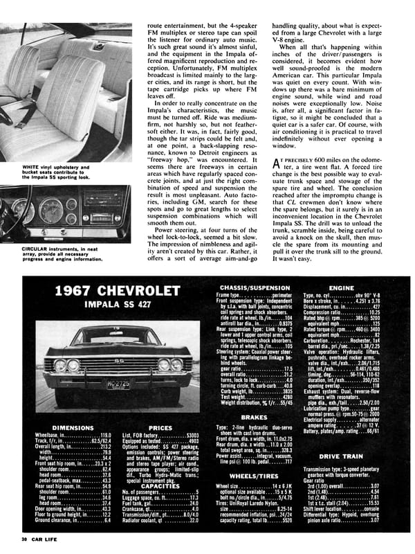 Vintage Car Life Review: 1967 Chevrolet Impala SS 427 – "A Family Car For A Swinging Family" 19 Car Life, May 1967, page 30, fourth page of Chevrolet Impala SS427 road test, with small B&W photos of the white vinyl interior and dashboard next to the text and the first half of the data panel below (with a small inset front view of the car)
