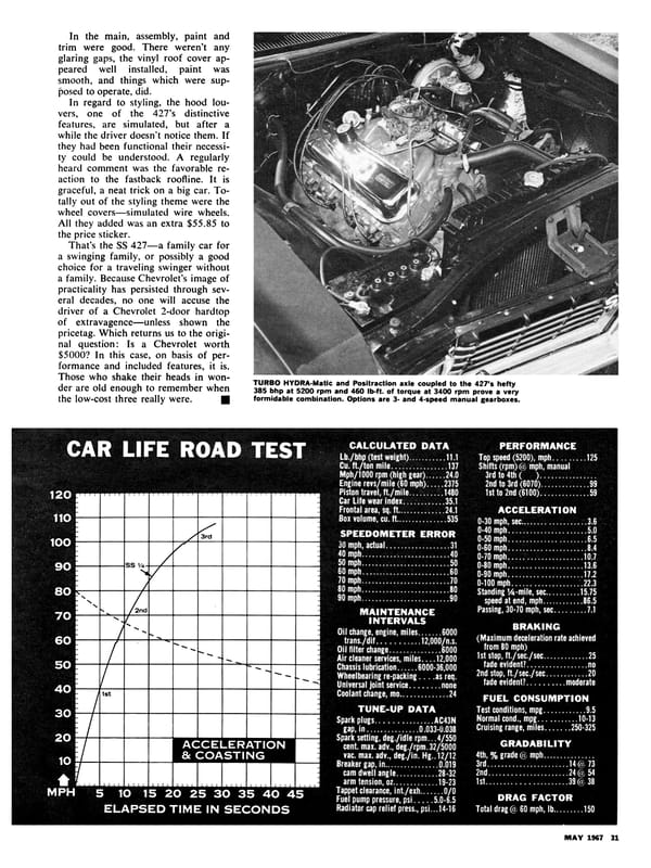 Vintage Car Life Review: 1967 Chevrolet Impala SS 427 – "A Family Car For A Swinging Family" 22 Car Life, May 1967, page 31, fifth page of Chevrolet Impala SS427 road test, with a photo of the L36 427 engine next to the text and the second half of the data panel below it