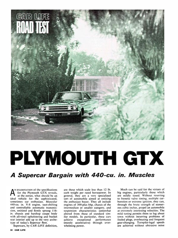 Car Life, March 1967, page 18, with a green-tinted B&W front view of a 1967 Plymouth GTX and the headline "PLYMOUTH GTX: A Supercar Bargain with 440-cu. in. Muscles" above the main text