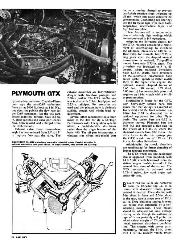 Car Life, March 1967, page 20, third page of Plymouth GTX road test, with a B&W photo of the engine with the air cleaner removed above the text and a B&W cutaway illustration of the 440 engine in the lower left corner