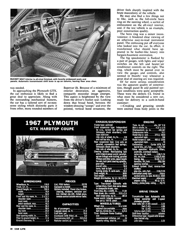 Car Life, March 1967, page 22, fifth page of Plymouth GTX road text, with a B&W photo of the interior in the upper left and the first half of the data panel (with an inset front view of the car) below the main text
