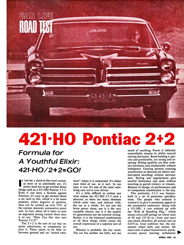 Vintage Car Life Review: 1965 Pontiac Catalina 2+2 421 HO – 2 Plus 2 Does Not Equal GTO 6 Car Life, April 1965, page 41, first page of Pontiac Catalina 2+2 road test, with a red-tinted front view of a 2+2 hardtop (overlaid with the words "CAR LIFE ROAD TEST") and the headline "421-HO Pontiac 2+2: Formula for A Youthful Elixir: 421-HO/2+2=GO!" above the main text