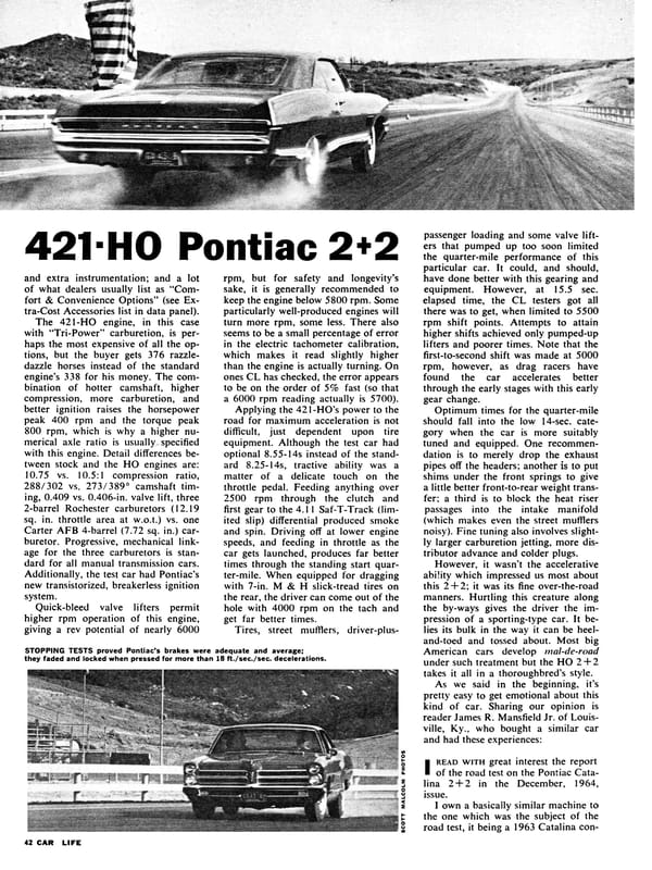 Vintage Car Life Review: 1965 Pontiac Catalina 2+2 421 HO – 2 Plus 2 Does Not Equal GTO 9 Car Life, April 1965, page 42, with a B&W rear 3q view of the car on a drag strip and the subheading "421-HO Pontiac 2+2" above the main text and another photo in the lower left corner showing the car nose-diving during braking tests