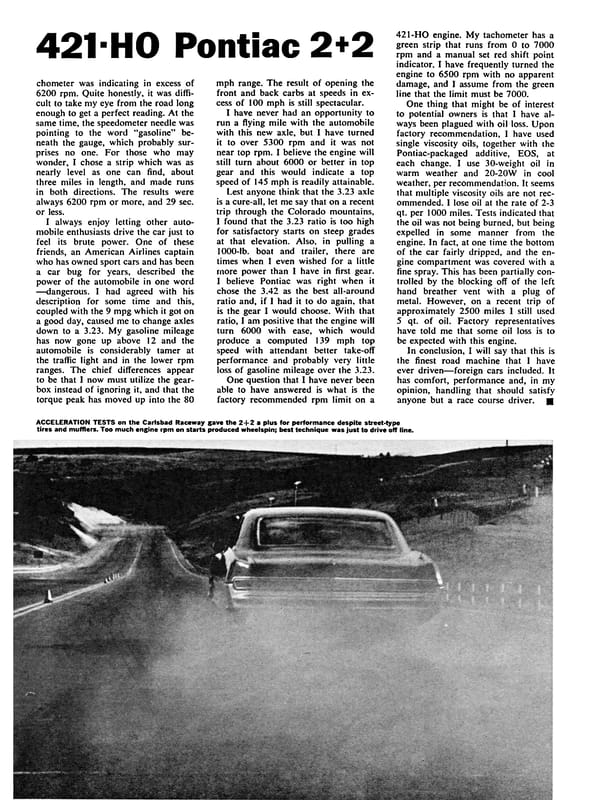 Vintage Car Life Review: 1965 Pontiac Catalina 2+2 421 HO – 2 Plus 2 Does Not Equal GTO 19 Car Life, April 1965, page 44, final page of Pontiac 2+2 road test, with the subheading "421-HO Pontiac 2+2" above the main text and a photo below showing a rear view of the car accelerating on the Carlsbad Raceway