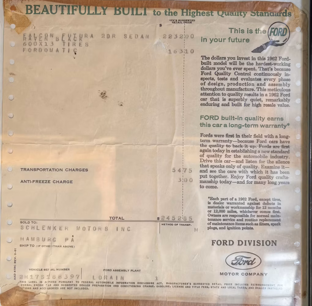 1962 Ford Falcon Futura: A Well-Documented, One-Option Falcon With A 144/Fordomatic 2 1962 Ford Falcon Futura window sticker